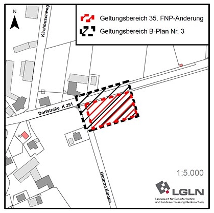 Geltungsbereiche der Flächennutzungsplanänderung und des Bebauungsplans Döteberg © LGLN