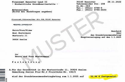 Muster Bescheid Grundstreuermessbetrag Finanzamt © Stadt Seelze